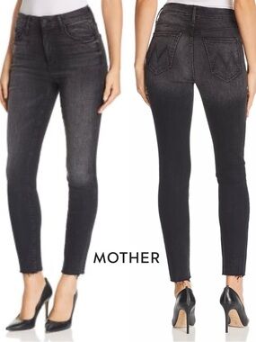 MOTHER HIGH WAISTED LOOKER ANKLE FRAY Jeans Night Hawk 26 Washed Black Stretchy